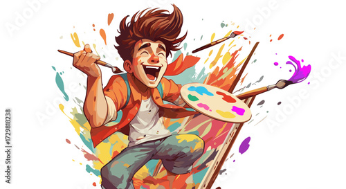 Enthusiastic young artist gleefully creating vibrant abstract artwork with paint and brushes, bursting with joyful creativity and colorful splashes