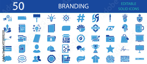 Branding solid icons set. Logo design, marketing, advertising, corporate identity, product promotion, social media, creativity and strategy symbols. Editable vector design, business and marketing elem