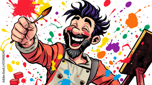 Joyful Artist Expressing Creativity with Vibrant Splatters of Paint and a Broad Smile, Capturing the Essence of Artistic Passion and Inspiration