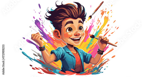 Enthusiastic young boy with paintbrush, joyfully creating colorful abstract art with vibrant paint splashes and dynamic splatters, celebrating artistic expression and creativity