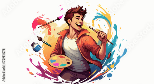An enthusiastic artist joyfully paints with a palette of vibrant colors, surrounded by splashes of artistic expression on a white background, symbolizing creativity and passion