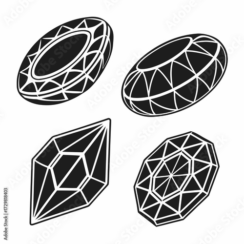 Set of four stylized black and white geometric gemstone outlines with faceted surfaces and unique cuts representing precious stones