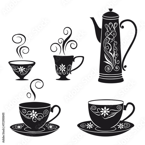 Elegant black and white silhouette illustration of a coffee pot and various teacups with floral designs and steam rising