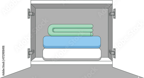 Folded blankets stacked inside open cabinet shelf vector illustration