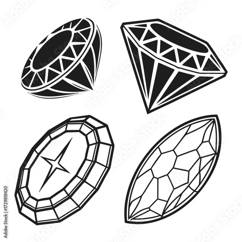 Collection of four distinct black and white gemstone illustrations including a round brilliant cut diamond and an oval cut gem