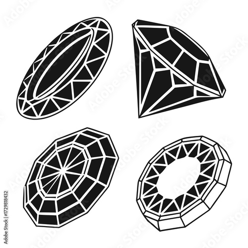 Set of four black and white geometric gemstone illustrations showing different cuts and perspectives on a white background