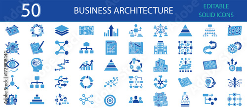 Business architecture solid icons set. Strategy, organization, planning, workflow, process, structure, management, corporate vision and innovation symbols. Editable vector design, business and technol
