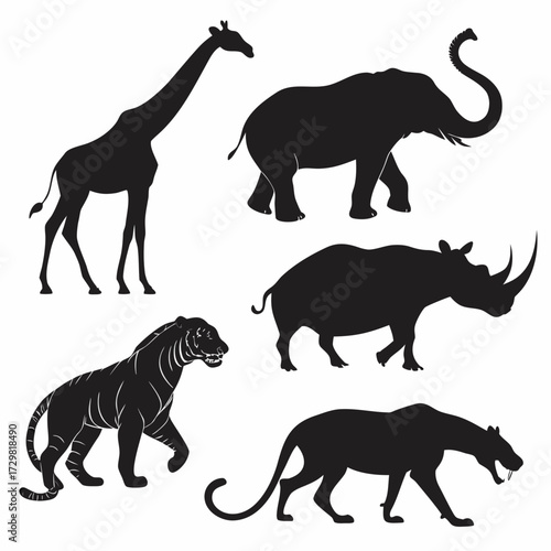 Collection of five diverse animal silhouettes including a giraffe elephant rhinoceros tiger and saber toothed cat against a white background