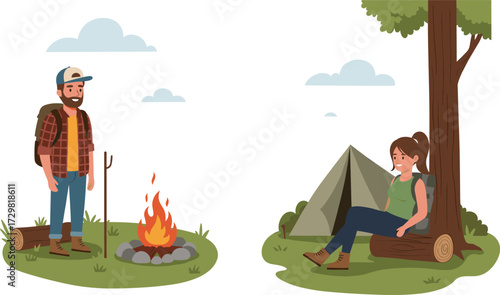 Outdoor Camping Vector with Campfire, Tent, Hikers, Nature Scene, Forest Adventure, Backpacking, Wilderness Travel, Relaxing Under Trees
