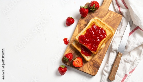 Wooden Board with Toast and Strawberry Jam Isolated on White Background