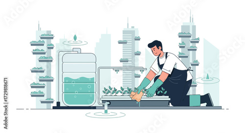 Illustration of a man tending to an urban hydroponic garden with city background shows sustainable