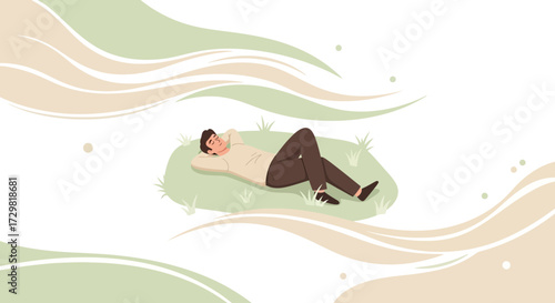 Illustration of a relaxed man lying on the grass with abstract design background