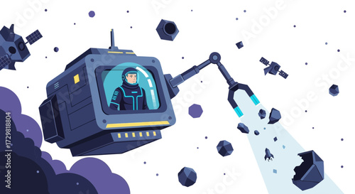 Illustration of astronaut in space pod mining asteroids with robotic arm exploration