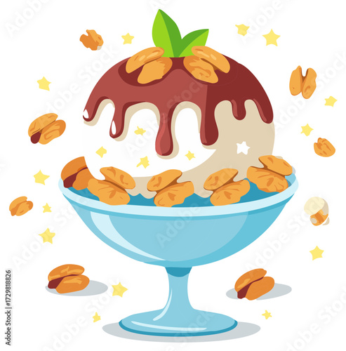 Creamy vanilla ice cream sundae with chocolate drizzle walnuts and fresh mint in a blue dessert bowl