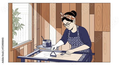 Illustration of a young woman diligently creating batik art in a wooden workshop space