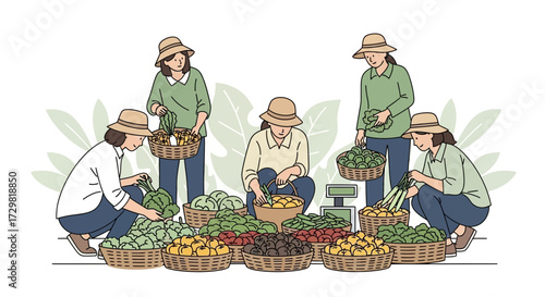 Illustration of farmers selling fresh organic vegetables at a local market display