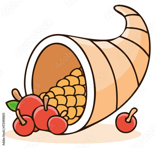 Illustrated Thanksgiving cornucopia horn of plenty overflowing with autumn harvest fruit