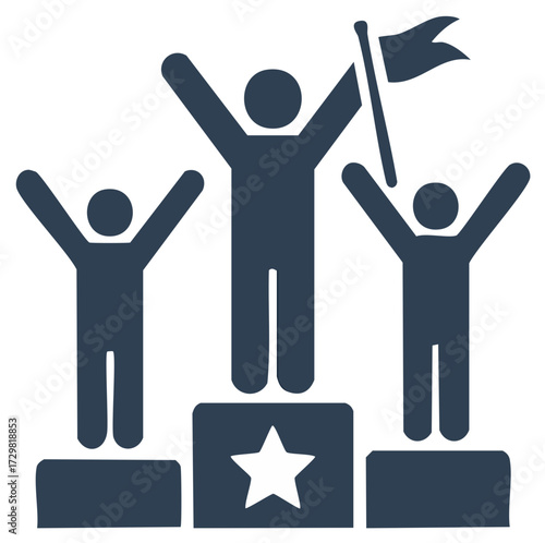 Winners Celebrating on Podium Reaching Success, Winning Achievement with Flag, People on First Second Third Place Stage