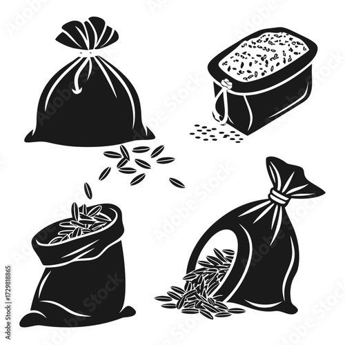 Collection of stylized black and white illustrations depicting various bags and containers overflowing with grains and seeds