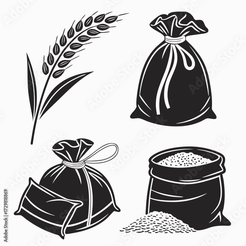 Collection of black and white silhouette illustrations depicting a wheat stalk and various sacks of grain symbolizing agriculture and harvest