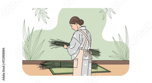 Illustrative depiction of a woman in traditional attire preparing natural materials