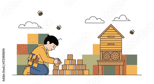 Illustrative vector of a boy building with blocks near a beehive under a cloudy sky scene