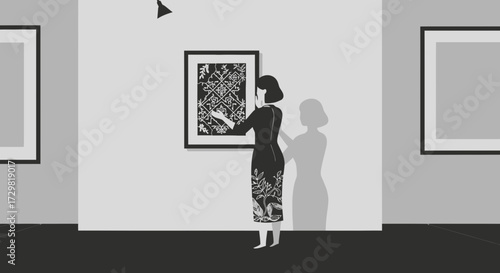 Monochromatic art gallery scene featuring a woman admiring a framed artwork on the wall