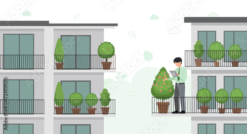 Modern urban living showcasing balconies with greenery and a man using a tablet outside home