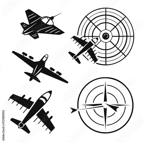 Collection of black silhouette icons representing aviation and navigation including a fighter jet bomber airplane radar and compass rose