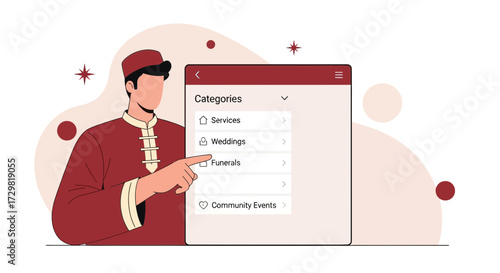 Selecting funeral service category on mobile app with man in traditional asian clothing