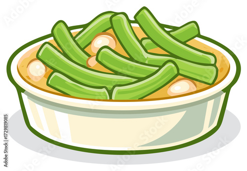 Cartoon Illustration of Green Beans and Mushrooms in a Bowl of Creamy Sauce