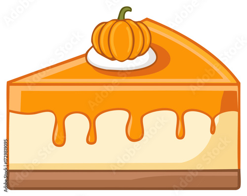 Pumpkin Pie Slice with Cream and Drizzle Cartoon Illustration Holiday Dessert Treat Thanksgiving