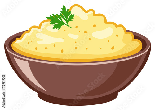 Creamy mashed potatoes in a brown bowl with fresh parsley garnish illustration