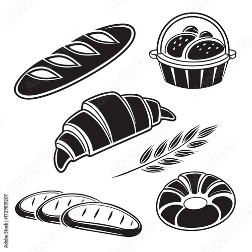 A collection of black and white illustrations of various baked goods including a baguette croissant bread rolls in a basket and a round loaf of bread with a wheat stalk