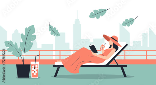 Woman enjoying summer vacation relaxing on lounge chair with a cocktail and book illustration