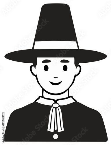 Smiling Pilgrim character illustration wearing traditional wide brimmed hat and white collar