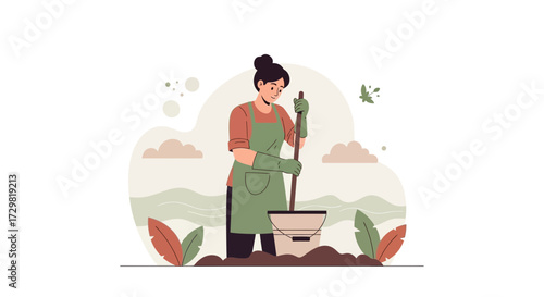 Woman gardening, wearing an apron and gloves, mixing soil in a bucket with a tool, promoting