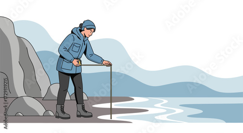 Woman measures water level on a shoreline using a tape measure for scientific research illustration