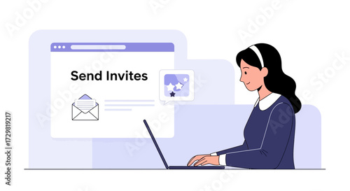 Woman sending invitations using laptop for event promotion and engagement digitally using online