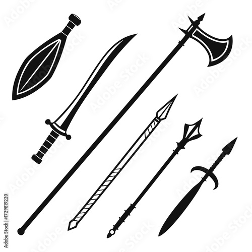 Collection of ancient and fantasy weapon silhouettes including swords spears axes and a mace on a white background