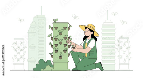 Woman tending to urban vertical garden with cityscape in the background illustrating sustainable