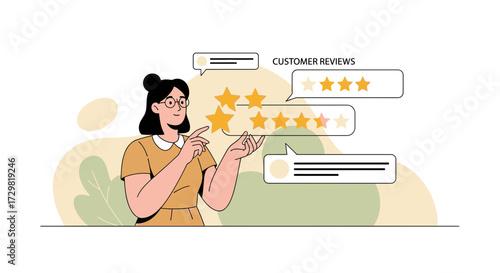 Woman with Customer Reviews Illustrating Positive Feedback and Rating Concept