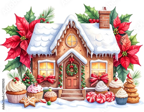 Festive gingerbread house, snow-covered, surrounded by cupcakes and candy