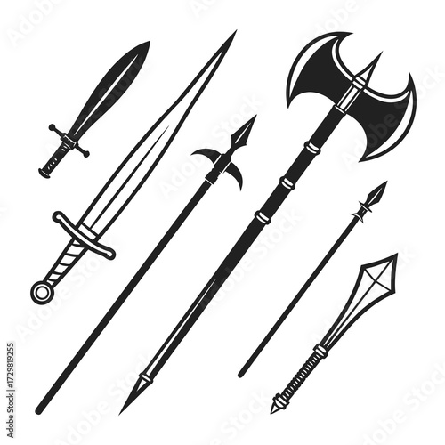 Collection of medieval weapon silhouettes including swords axes spears and maces on a white background