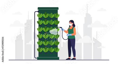 Woman tending vertical garden in urban setting promoting sustainable living and healthy eating
