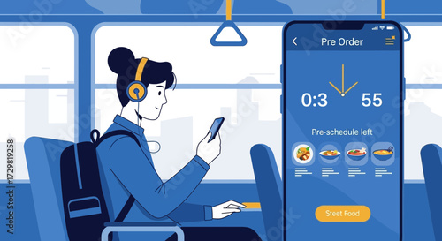Woman using a food pre-order app on her phone during her commute on public transport
