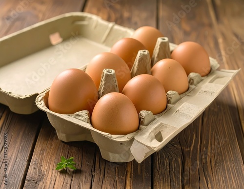 Wallpaper Mural Eight brown eggs in a light brown cardboard carton rest on a dark wood surface Torontodigital.ca