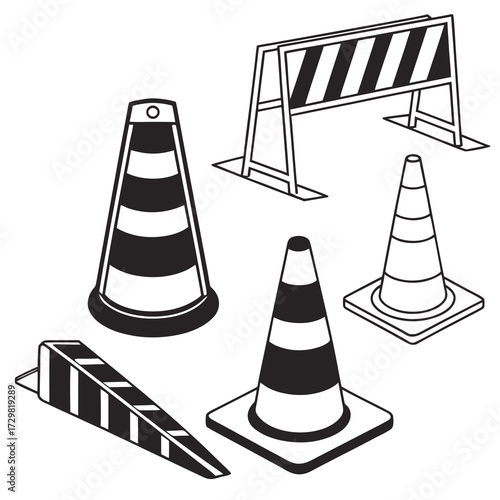 Collection of black and white line art illustrations of traffic cones a construction barrier and a traffic wedge representing road safety and construction elements