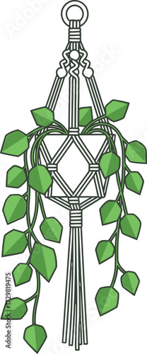 Macrame plant hanger with cascading green vines digital illustration