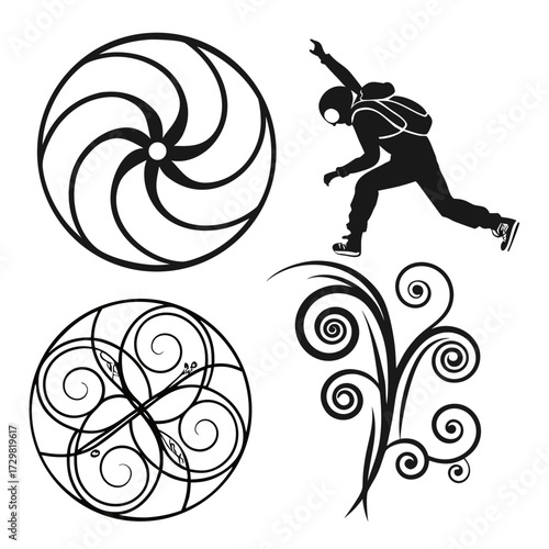 Collection of black graphic elements including a swirling vortex a skydiver silhouette a circular floral design and decorative swirls